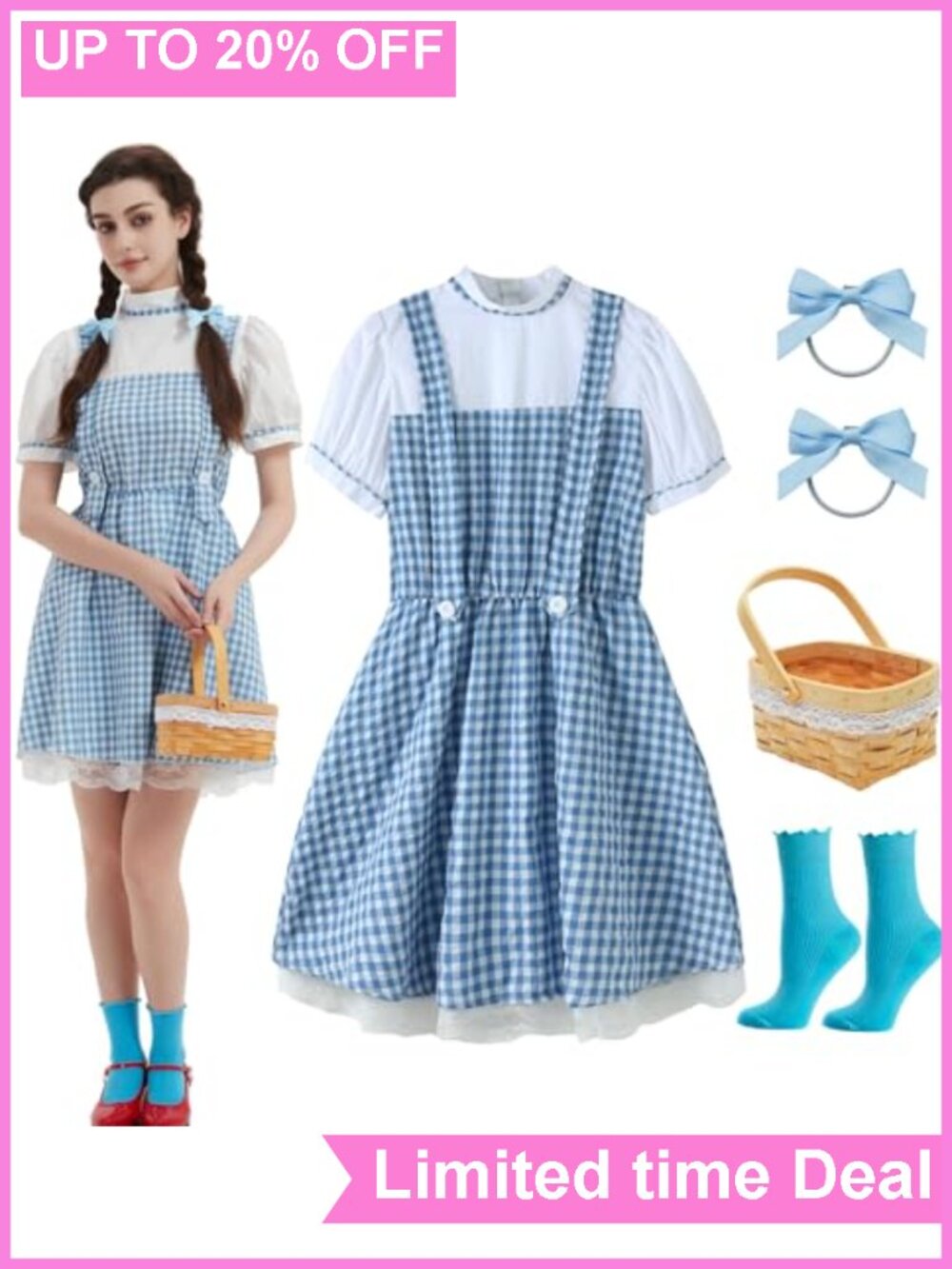Adult Womens Storybook Character Costume Set Gingham Dress Basket Socks Hair